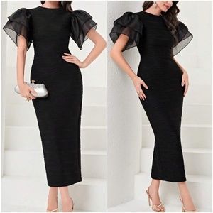 Luxe Black Ruffle Sleeve Party Evening Dress